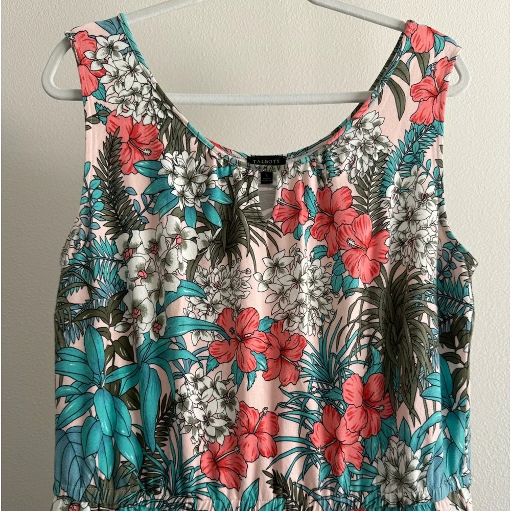 TALBOTS FLORAL JUNGLE JERSEY MAXI DRESS SLEEVELESS SUPER SOFT TROPICAL SZ L‎